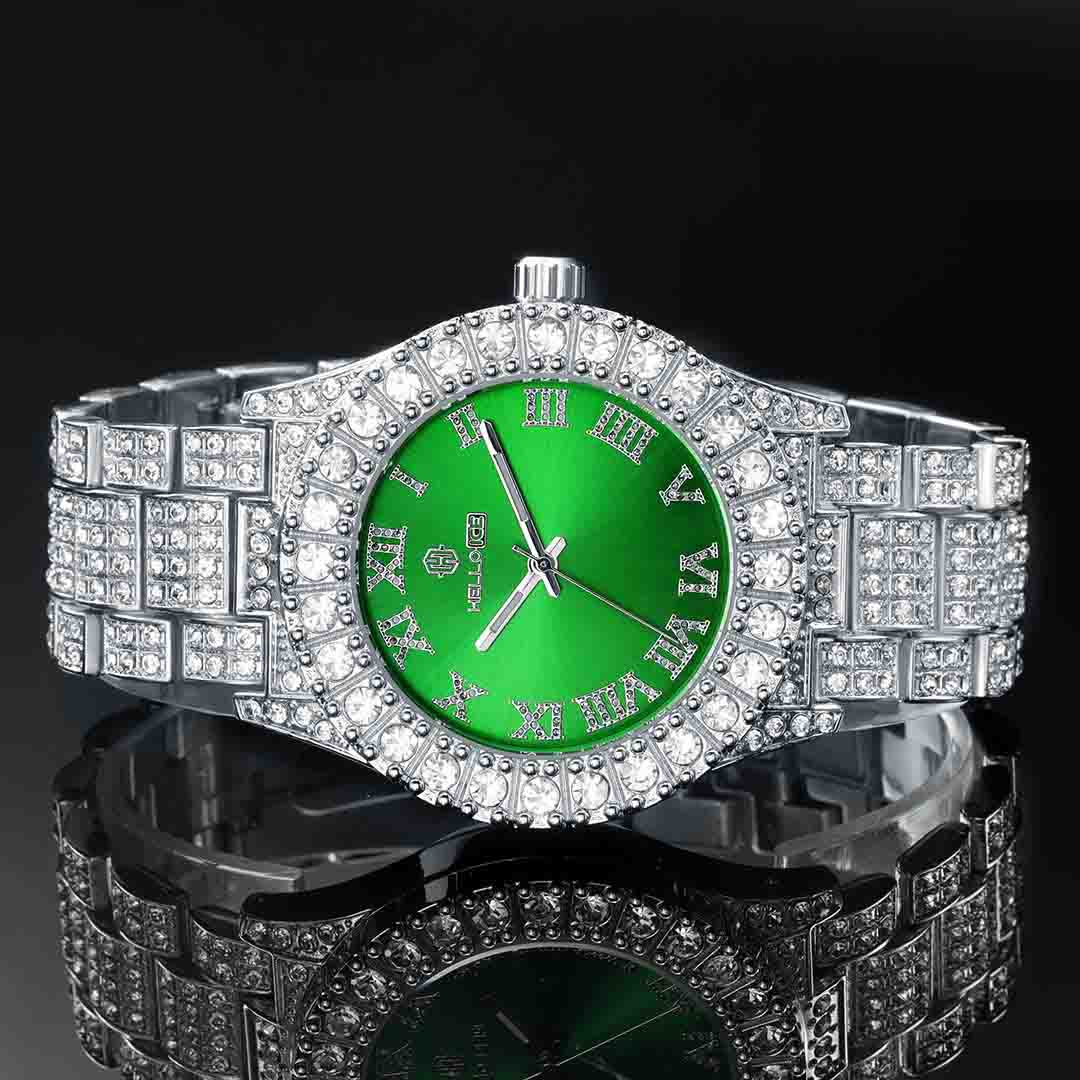 Street Luxury Iced Out Roman Numerals Green Dial Men's Watch In White Gold - Image 4
