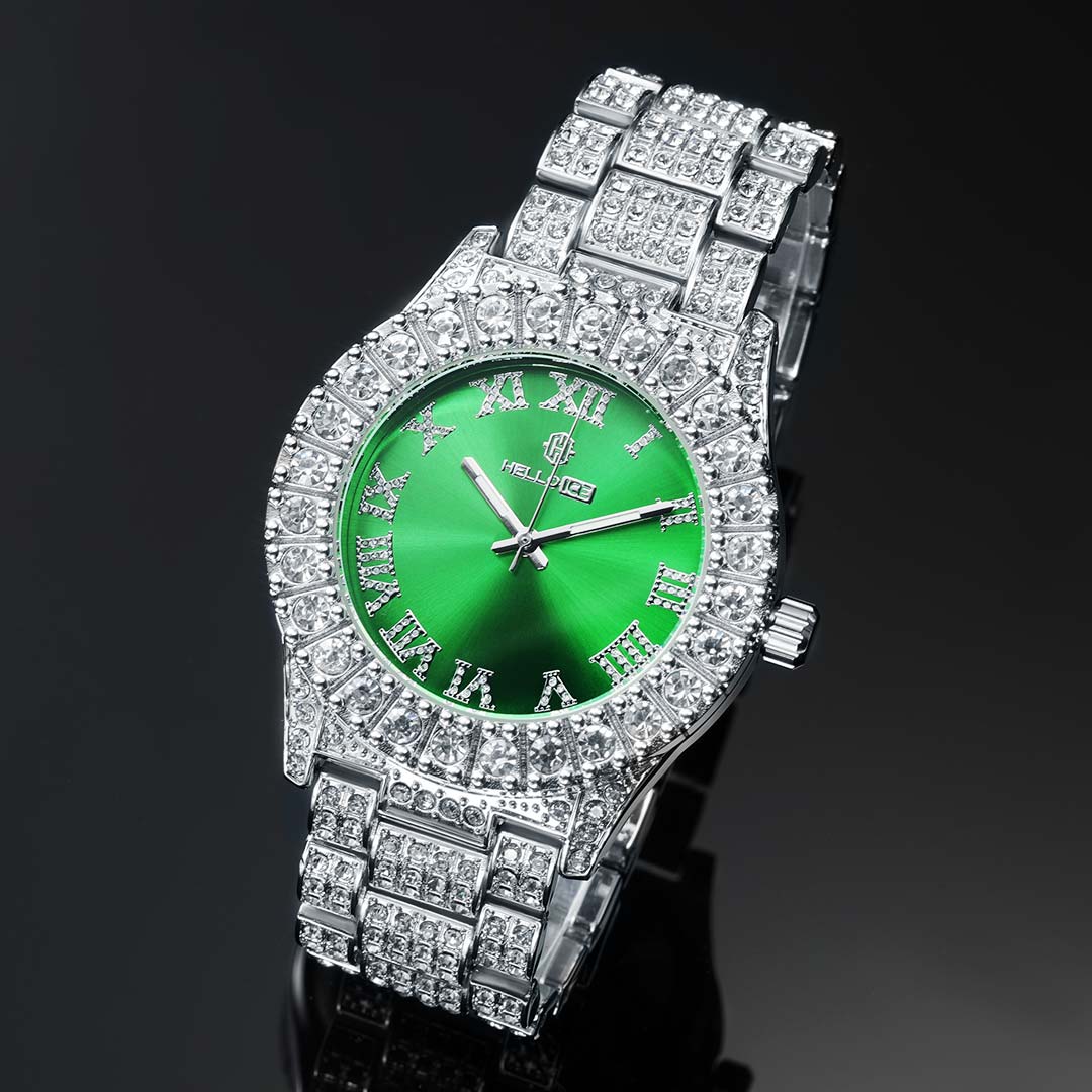 Street Luxury Iced Out Roman Numerals Green Dial Men's Watch In White Gold - Image 5