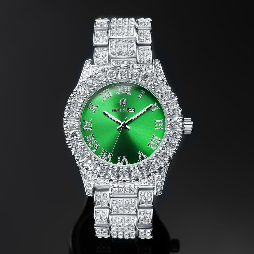 Street Luxury Iced Out Roman Numerals Green Dial Men's Watch In White Gold