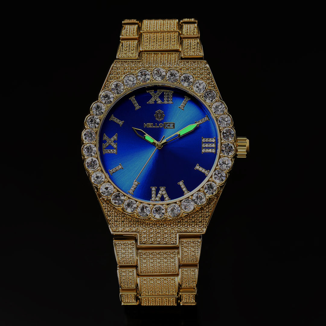 Iced Out Blue Luminous Roman Numerals Men's Watch In Gold With Gold Shine - Image 3