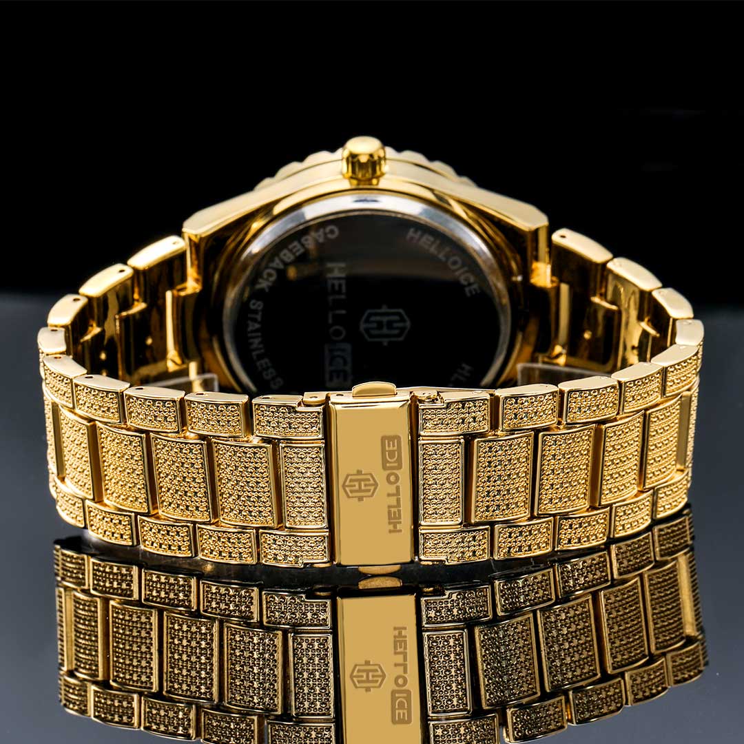 Iced Out Blue Luminous Roman Numerals Men's Watch In Gold With Gold Shine - Image 4