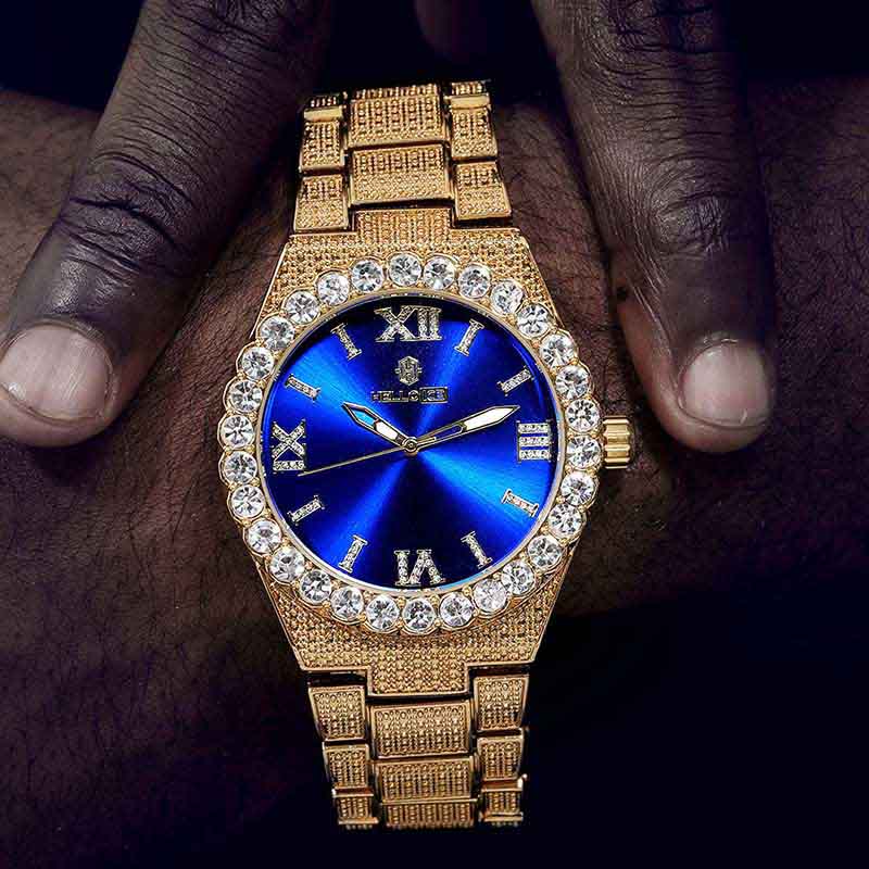 Iced Out Blue Luminous Roman Numerals Men's Watch In Gold With Gold Shine
