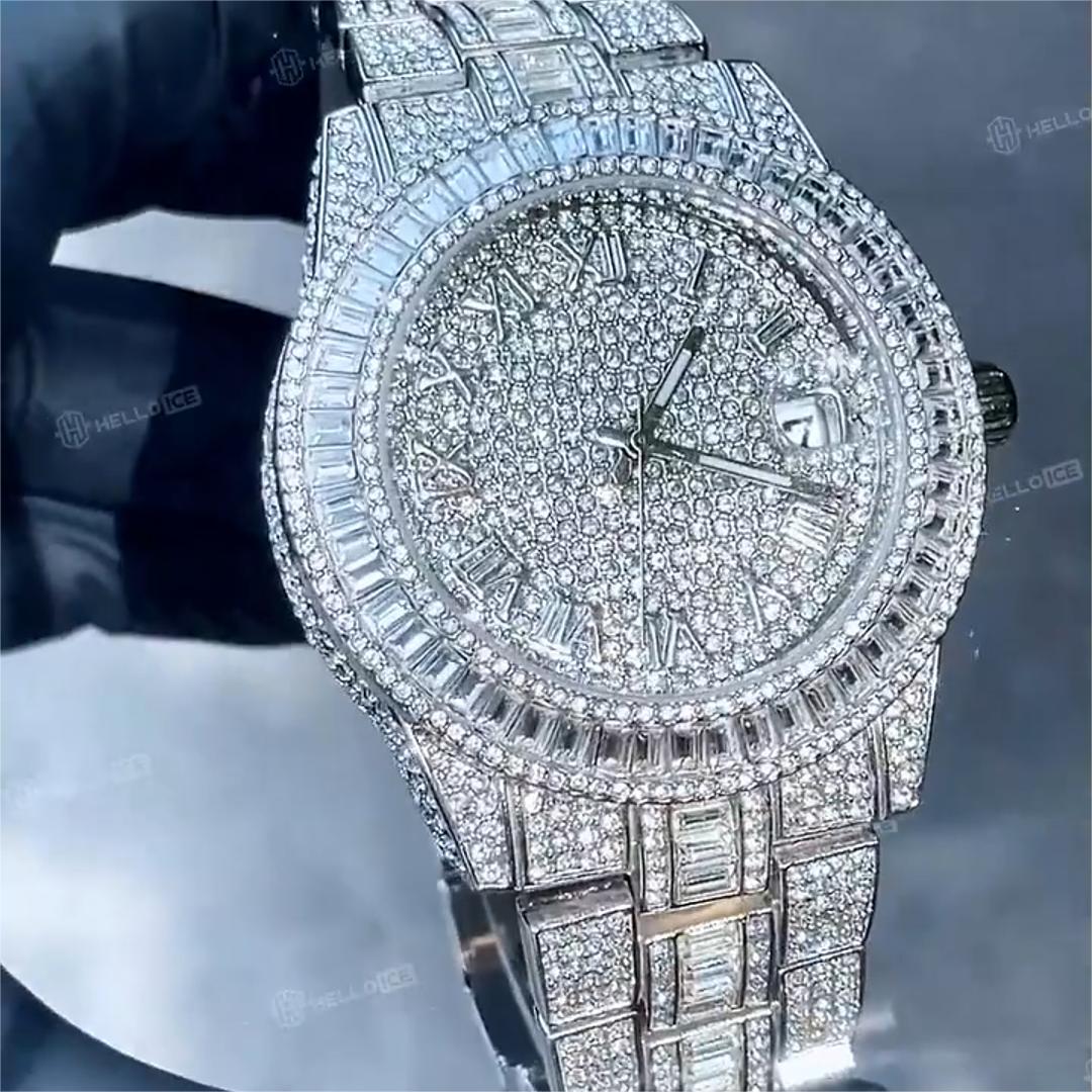 Bold Iced Out Baguette Cut Roman Numerals Men's Watch In White Gold - Image 3