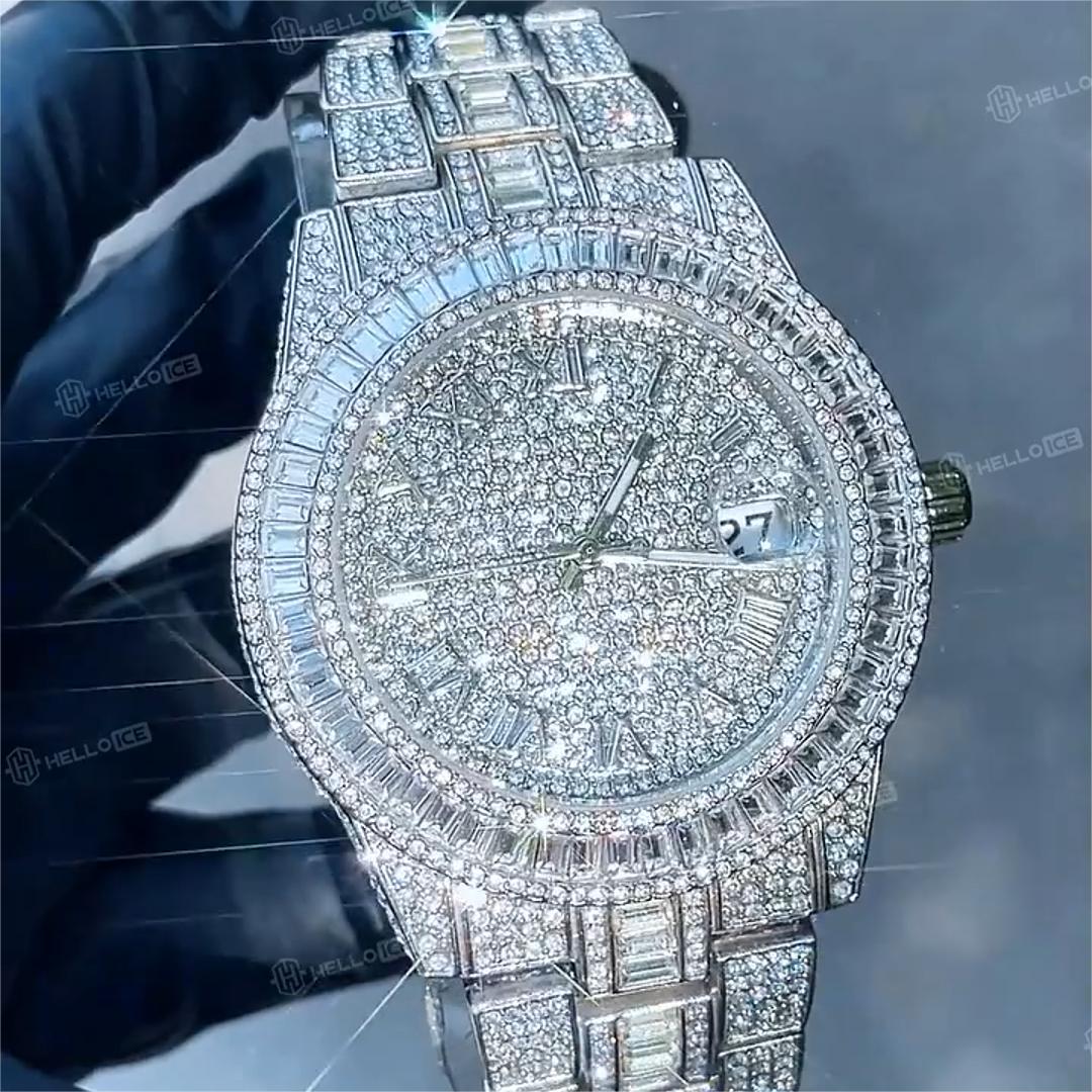 Bold Iced Out Baguette Cut Roman Numerals Men's Watch In White Gold - Image 5