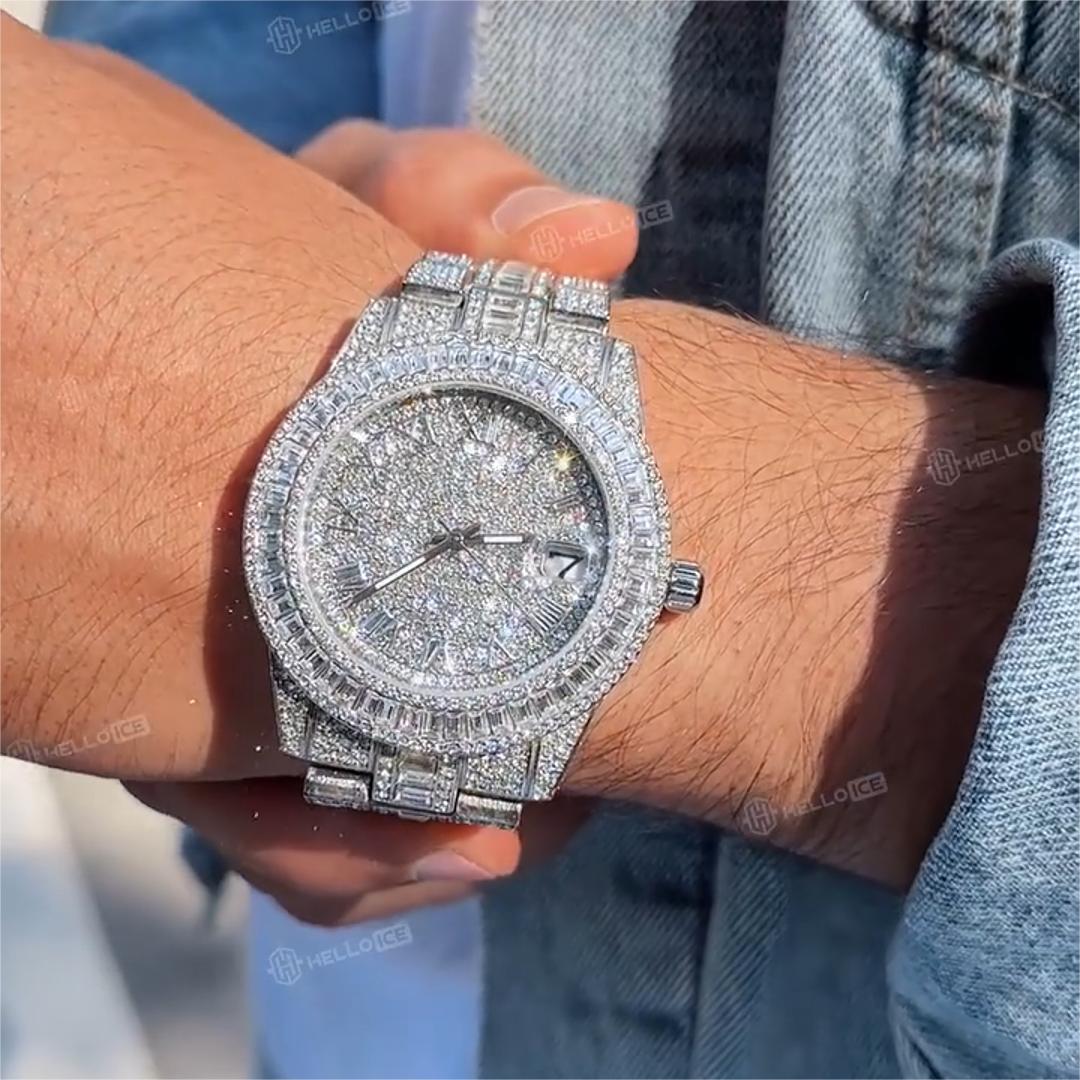 Bold Iced Out Baguette Cut Roman Numerals Men's Watch In White Gold - Image 6
