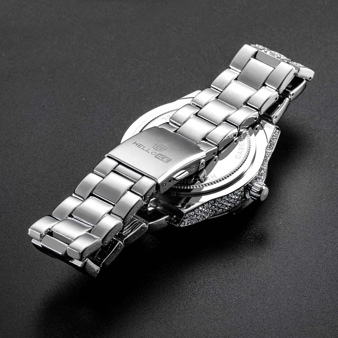 Bold Iced Out Baguette Cut Roman Numerals Men's Watch In White Gold - Image 7
