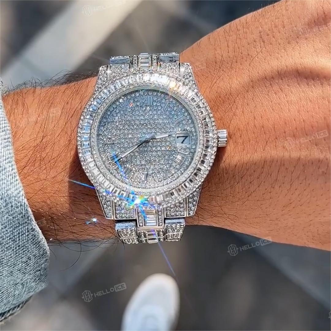Bold Iced Out Baguette Cut Roman Numerals Men's Watch In White Gold