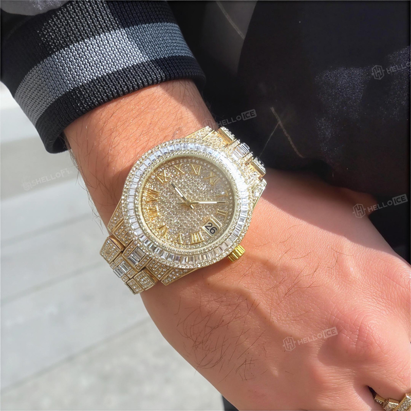 Iced Out Baguette Cut Roman Numerals Men's Watch In Gold With Gold Shine - Image 3