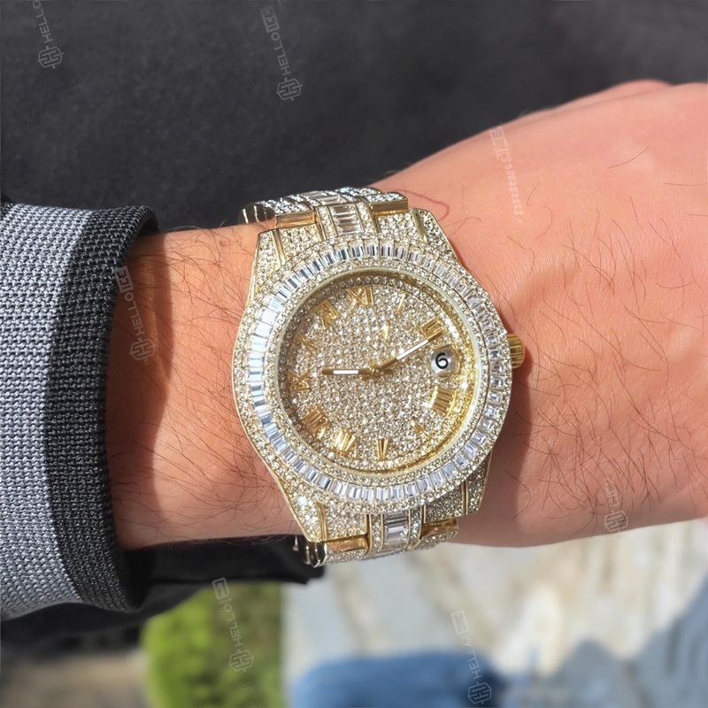 Iced Out Baguette Cut Roman Numerals Men's Watch In Gold With Gold Shine - Image 4