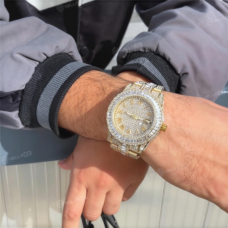 Iced Out Baguette Cut Roman Numerals Men's Watch In Gold With Gold Shine - Image 5