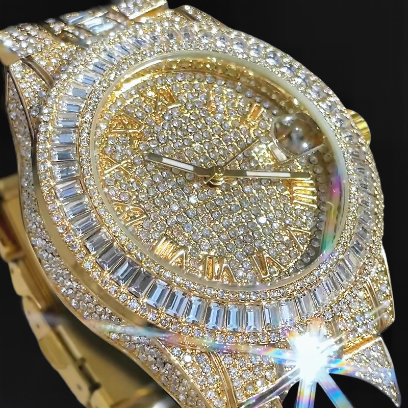 Iced Out Baguette Cut Roman Numerals Men's Watch In Gold With Gold Shine - Image 6
