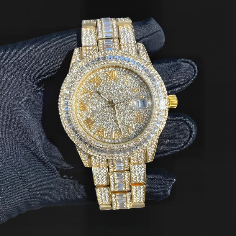 Iced Out Baguette Cut Roman Numerals Men's Watch In Gold With Gold Shine