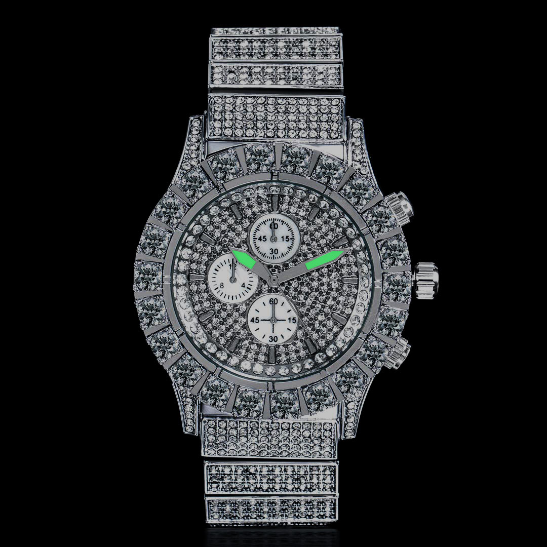 Iced Out Round Cut Luminous Men's Watch In White Gold With Gold Shine - Image 3