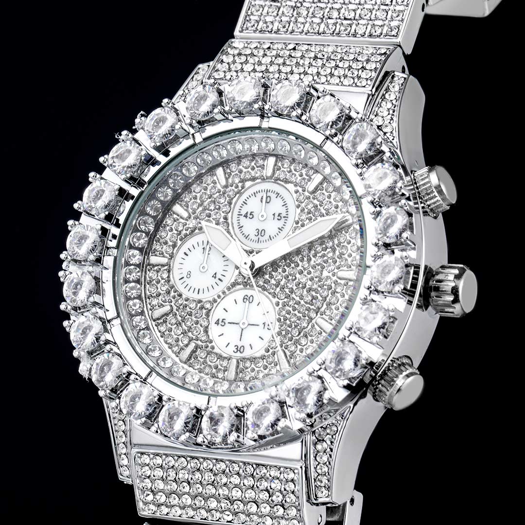 Iced Out Round Cut Luminous Men's Watch In White Gold With Gold Shine - Image 4