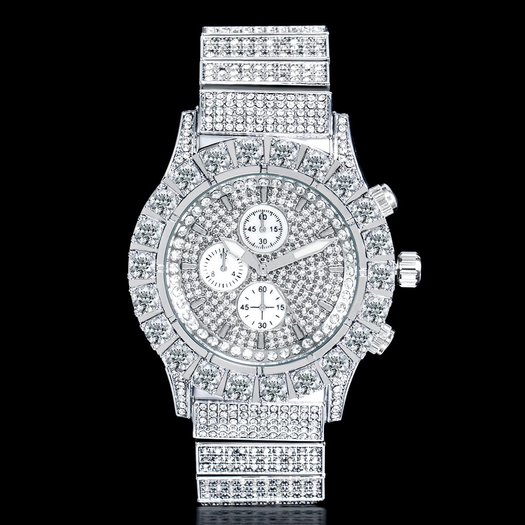 Iced Out Round Cut Luminous Men's Watch In White Gold With Gold Shine