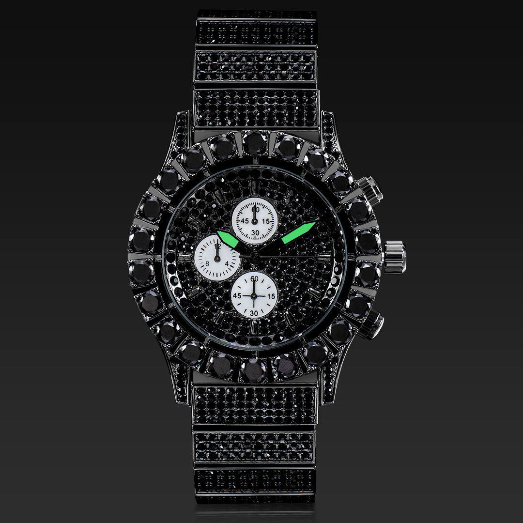 Iced Out Round Cut Luminous Men's Watch In Black Gold With Gold Shine - Image 3