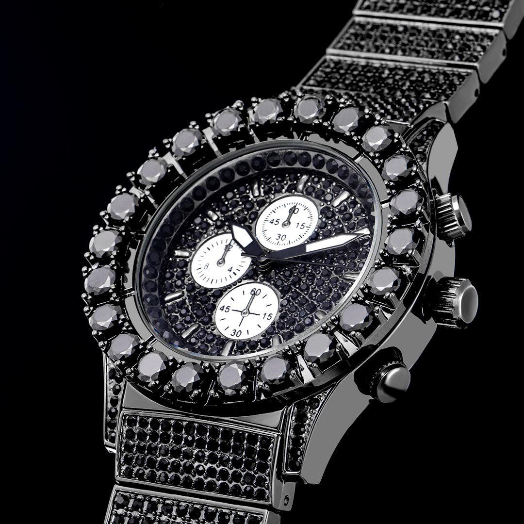 Iced Out Round Cut Luminous Men's Watch In Black Gold With Gold Shine - Image 4