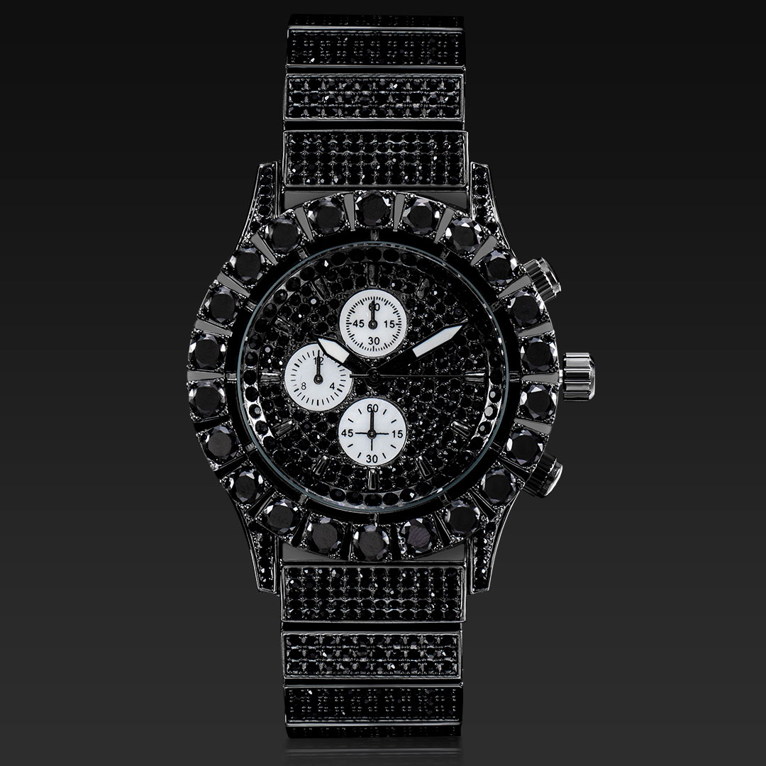 Iced Out Round Cut Luminous Men's Watch In Black Gold With Gold Shine - Image 5