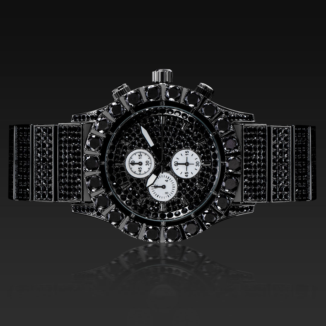 Iced Out Round Cut Luminous Men's Watch In Black Gold With Gold Shine - Image 6