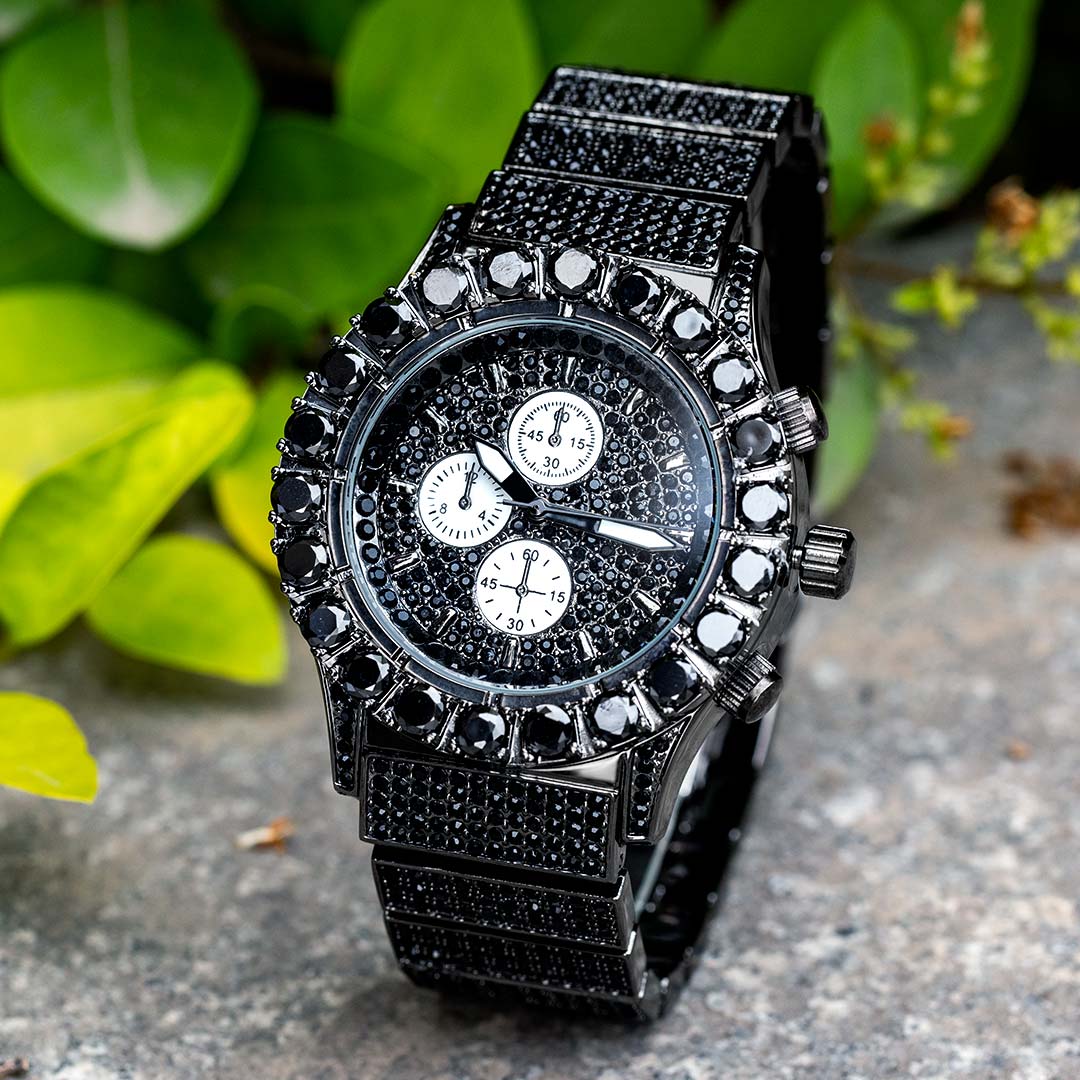 Iced Out Round Cut Luminous Men's Watch In Black Gold With Gold Shine