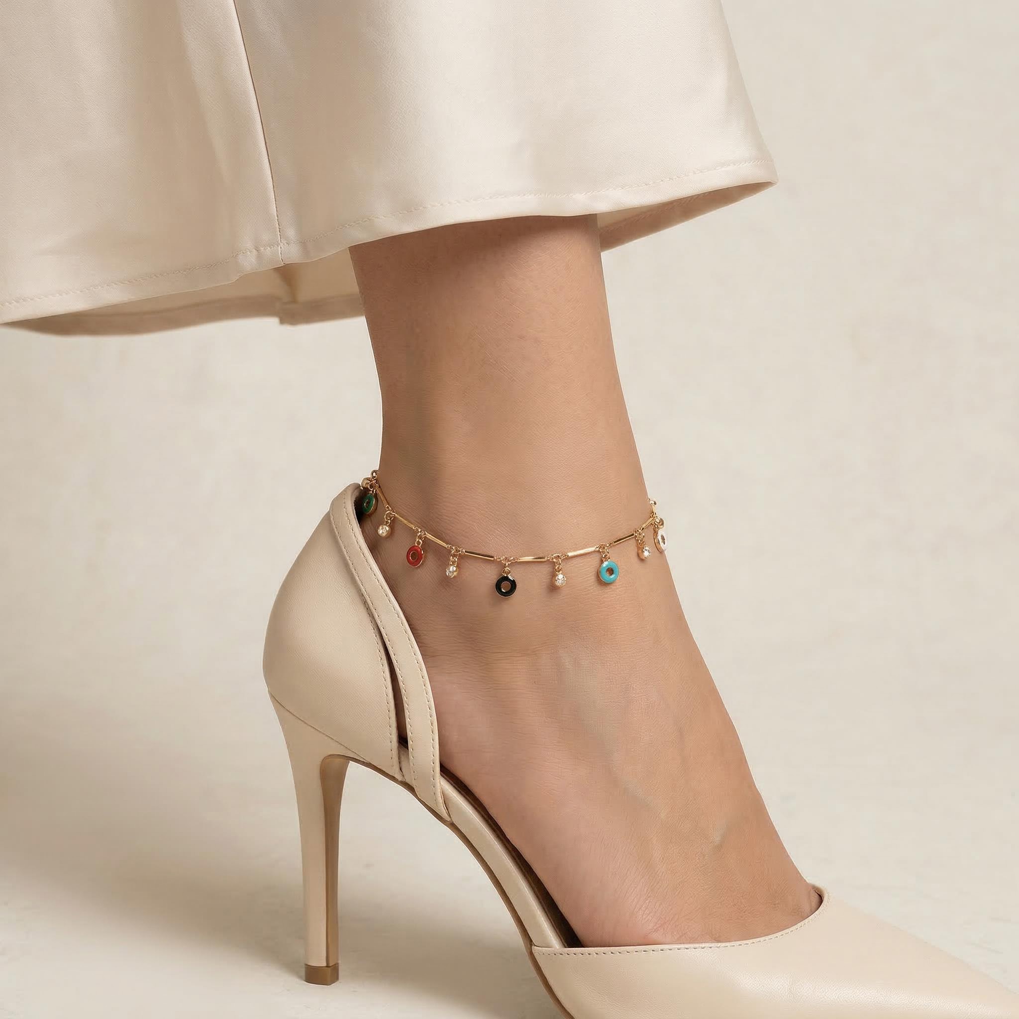 Enamel Circle Donuts Club Chain Crystal Beaded Anklet Gold - Image 3