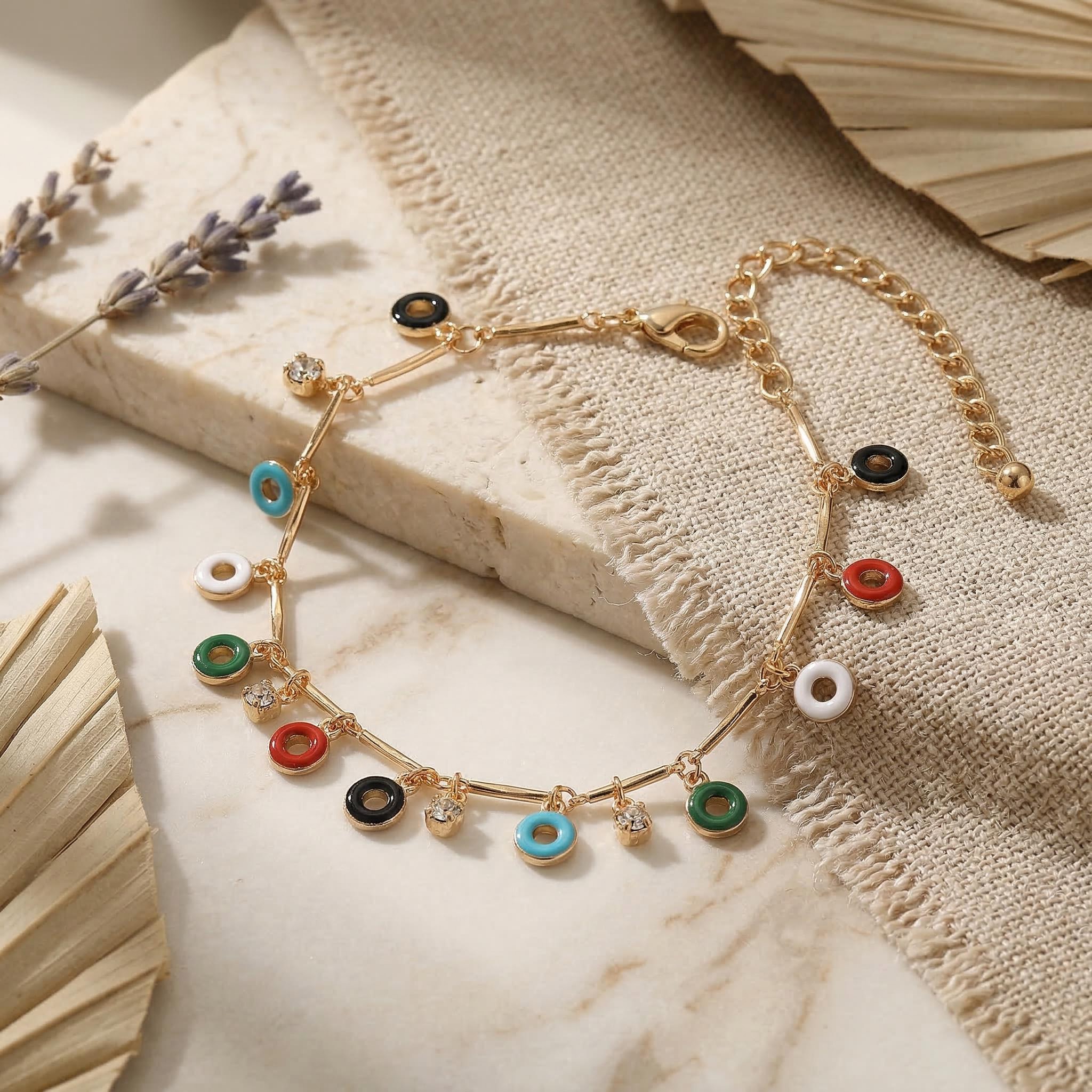 Enamel Circle Donuts Club Chain Crystal Beaded Anklet Gold - Image 4