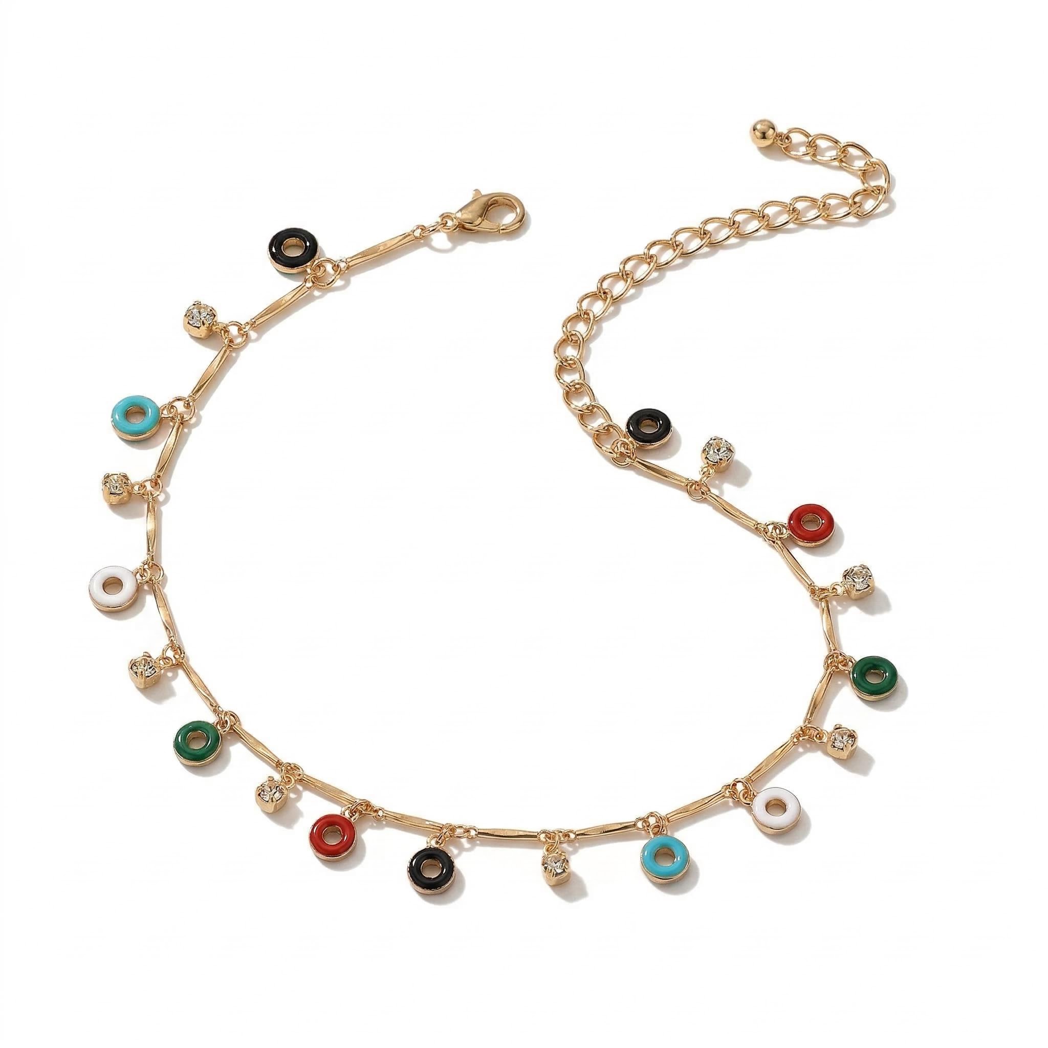 Enamel Circle Donuts Club Chain Crystal Beaded Anklet Gold - Image 5