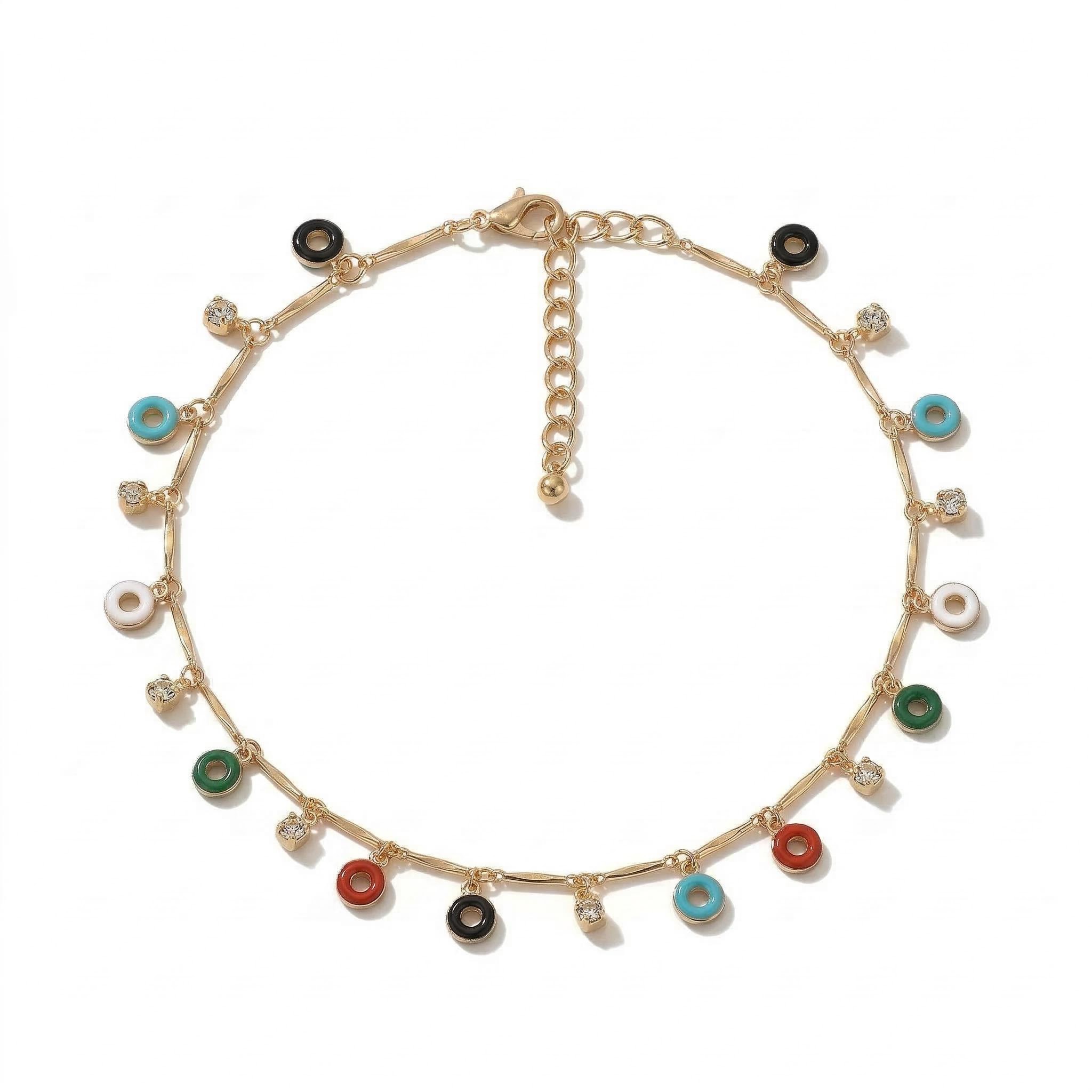 Enamel Circle Donuts Club Chain Crystal Beaded Anklet Gold