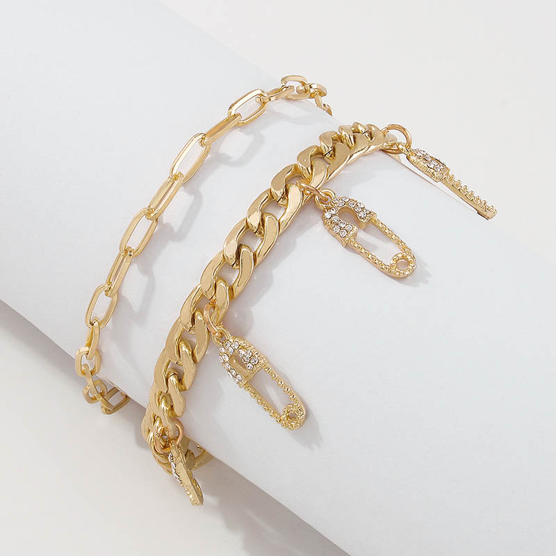 Iced Out Safe Pin Charms Paper Clip Chain Cuban Chain Anklet Set Gold - Image 3