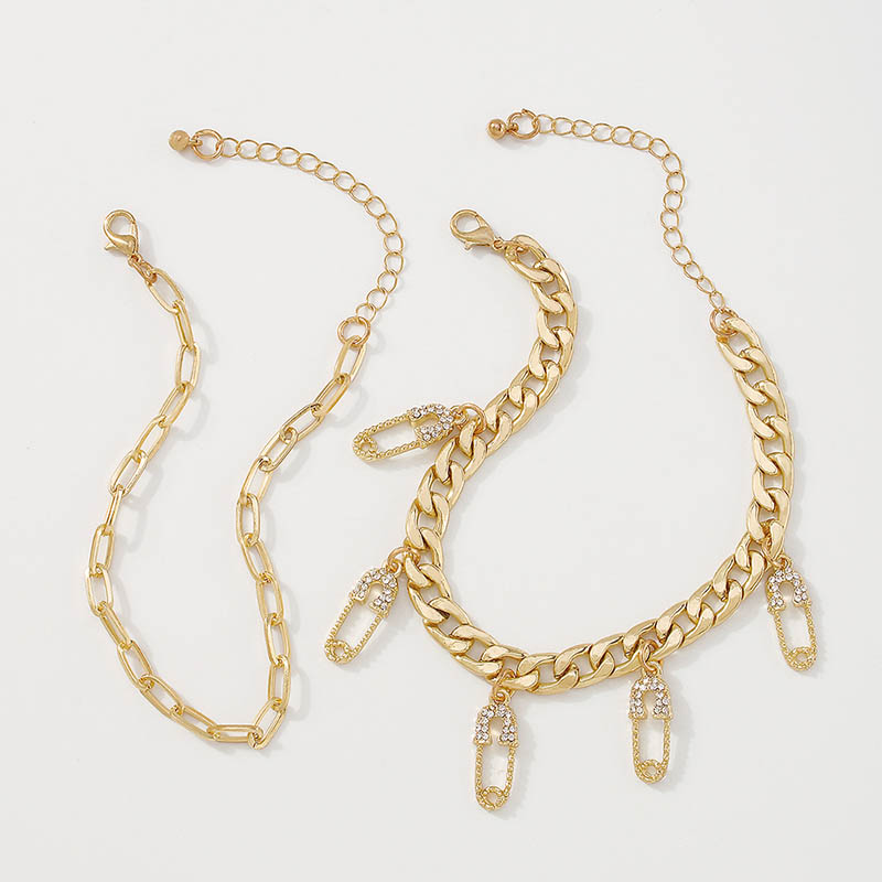 Iced Out Safe Pin Charms Paper Clip Chain Cuban Chain Anklet Set Gold - Image 4