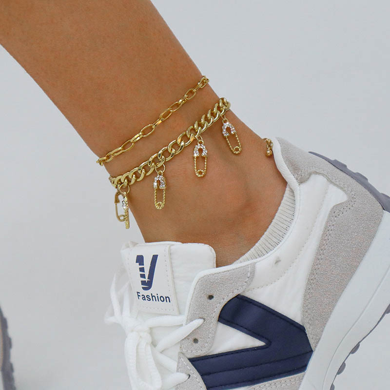 Iced Out Safe Pin Charms Paper Clip Chain Cuban Chain Anklet Set Gold