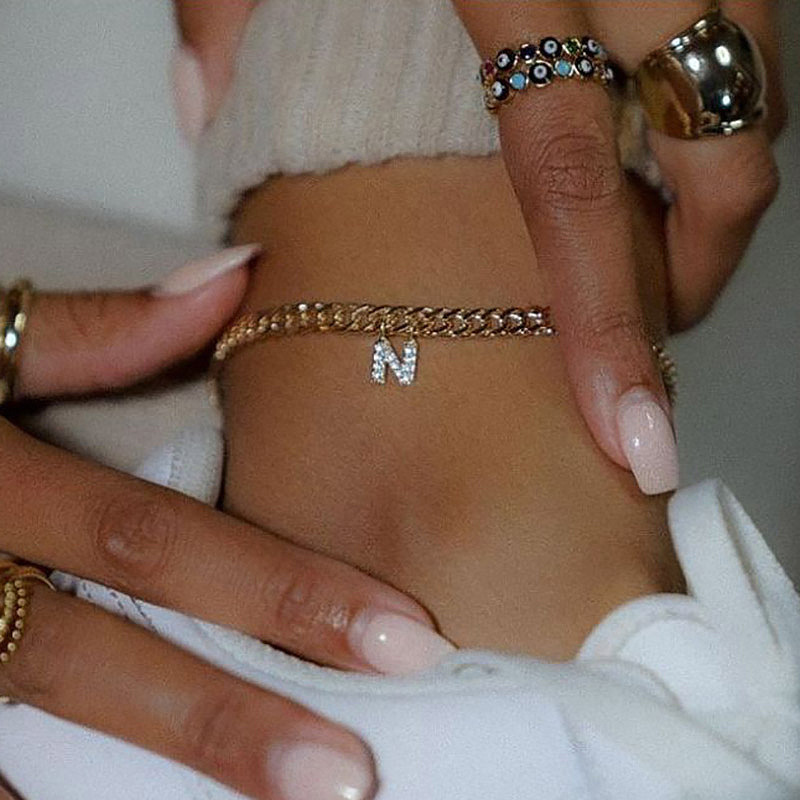 Bold Iced Out A-z Initial Letter Charm Gold Plated Cuban Chain Anklet - Image 6