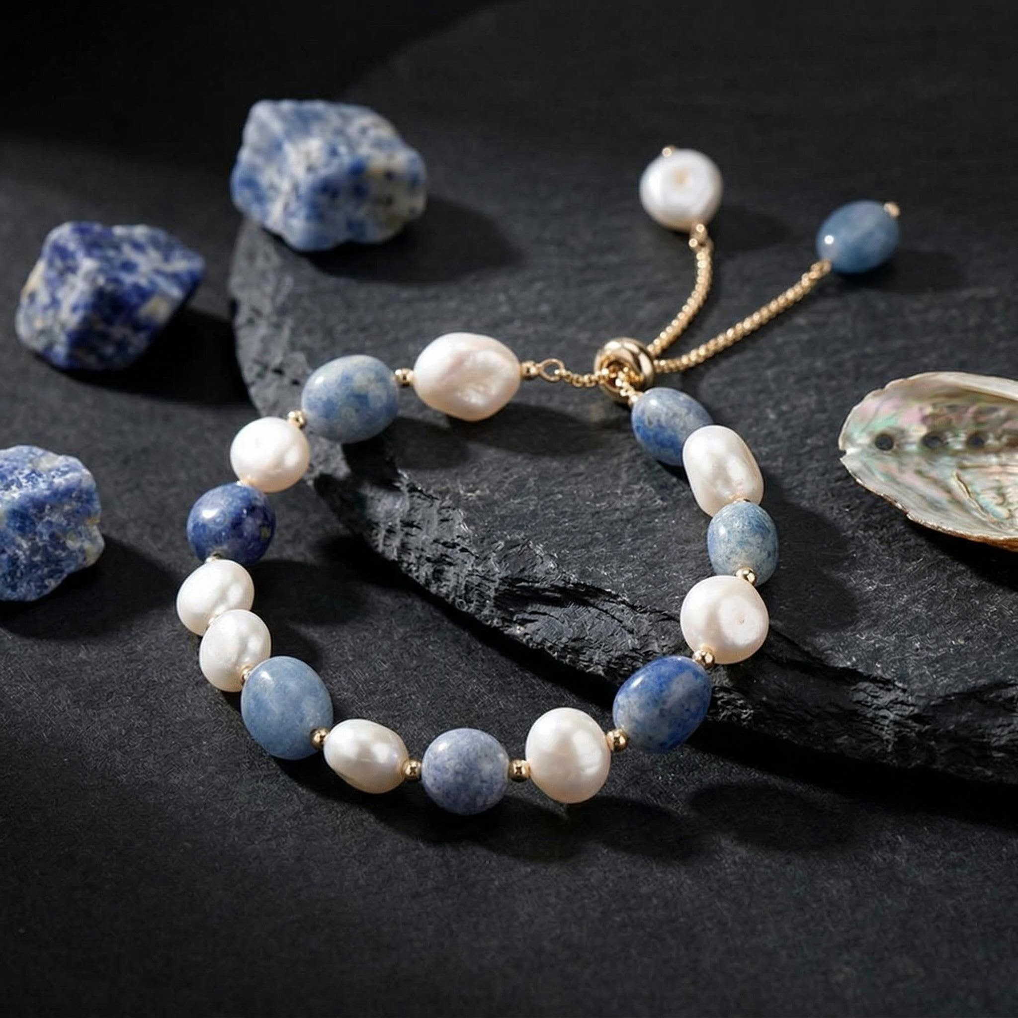 Pearl Blue Aventurine Adjustable Bracelet Silver With Street Luxury Shine - Image 4