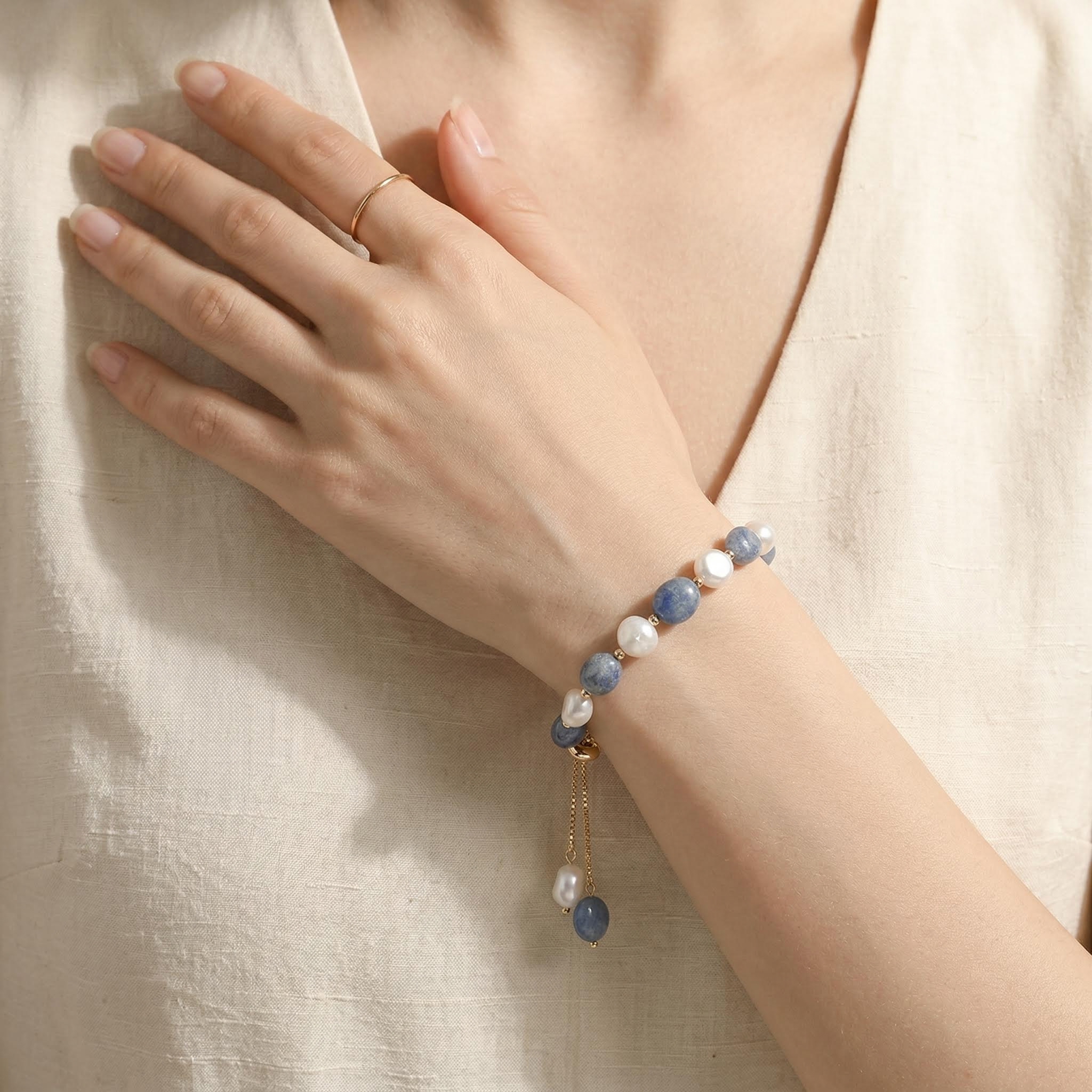 Pearl Blue Aventurine Adjustable Bracelet Silver With Street Luxury Shine - Image 7
