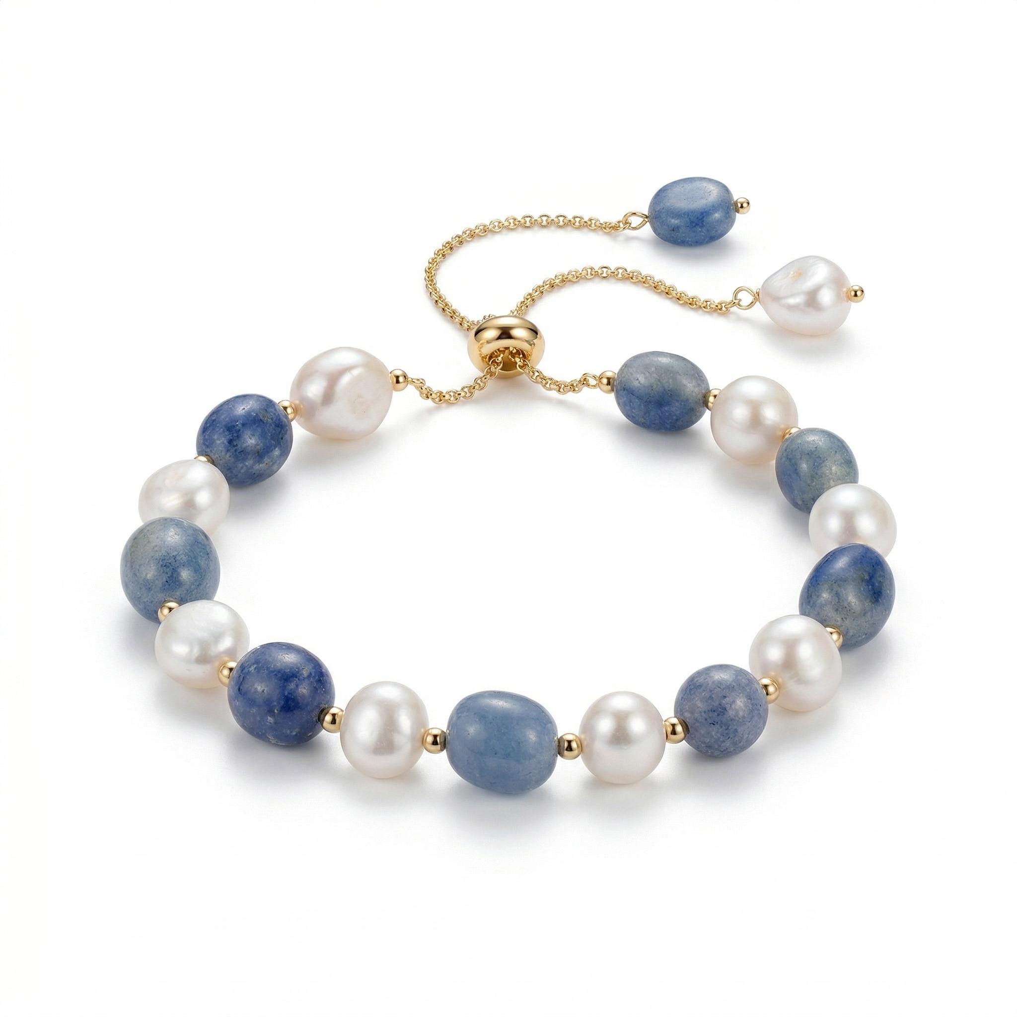 Pearl Blue Aventurine Adjustable Bracelet Silver With Street Luxury Shine