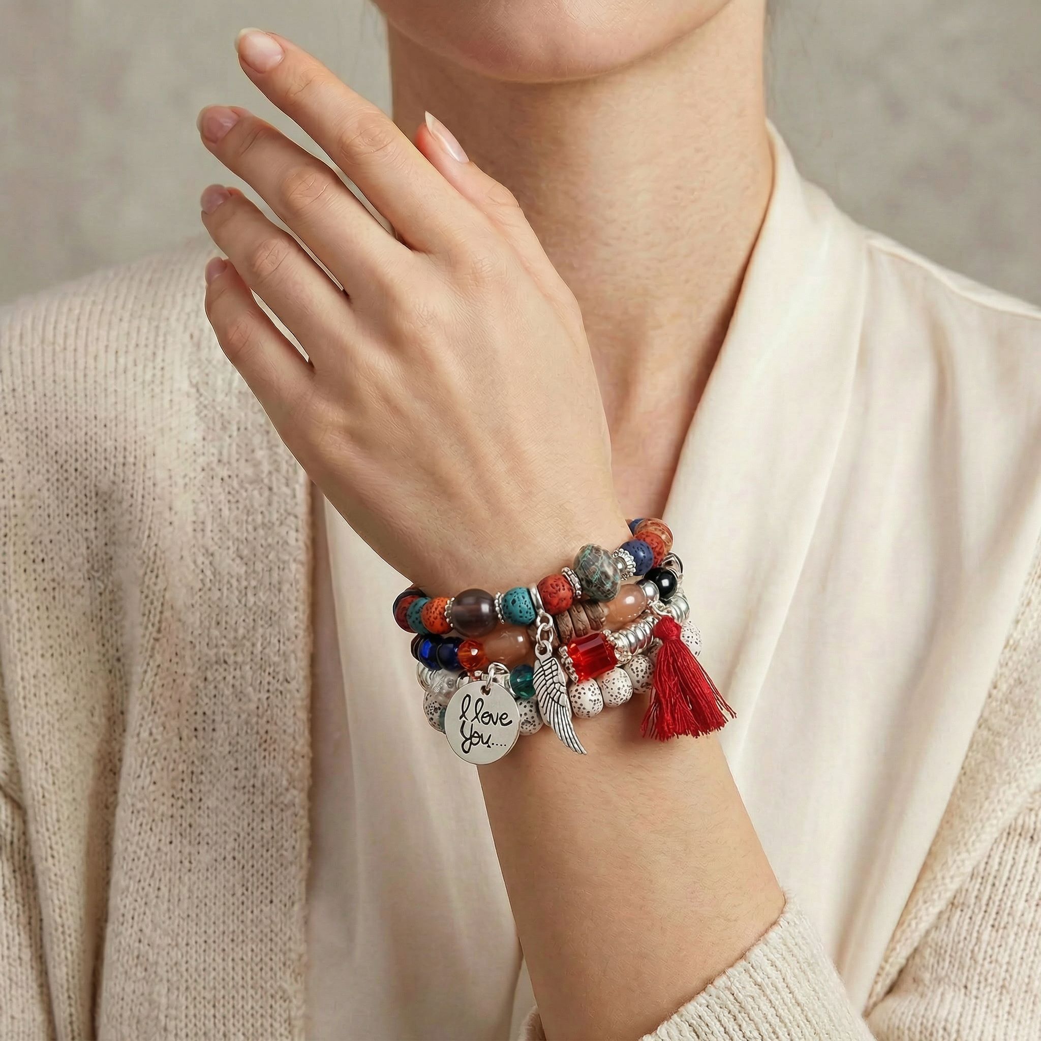 'i Love You' Angel Wing Handmade Beaded Bracelet Set Silver - Image 3