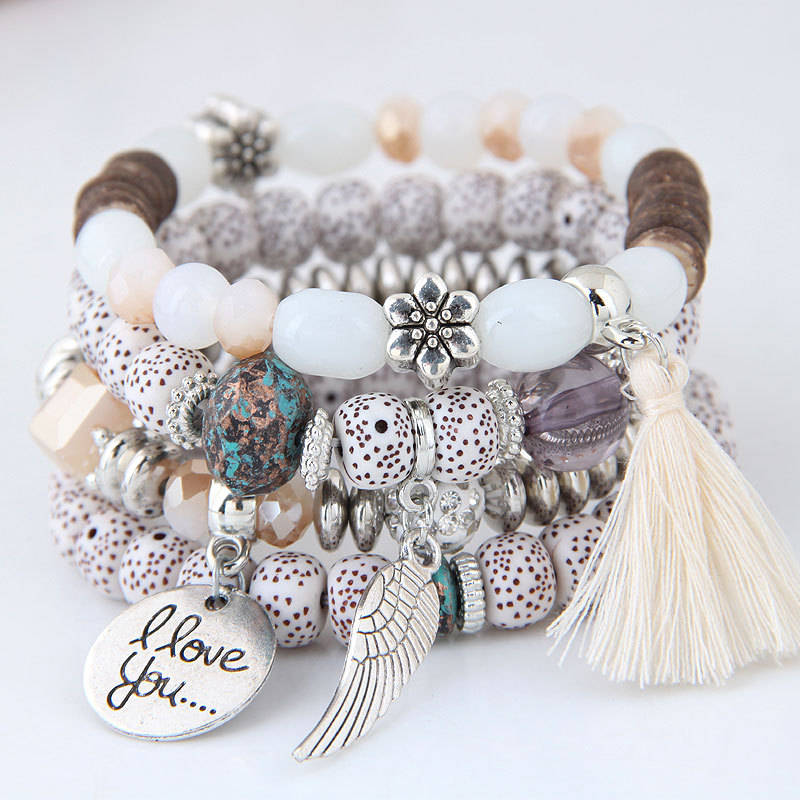 'i Love You' Angel Wing Handmade Beaded Bracelet Set Silver - Image 4