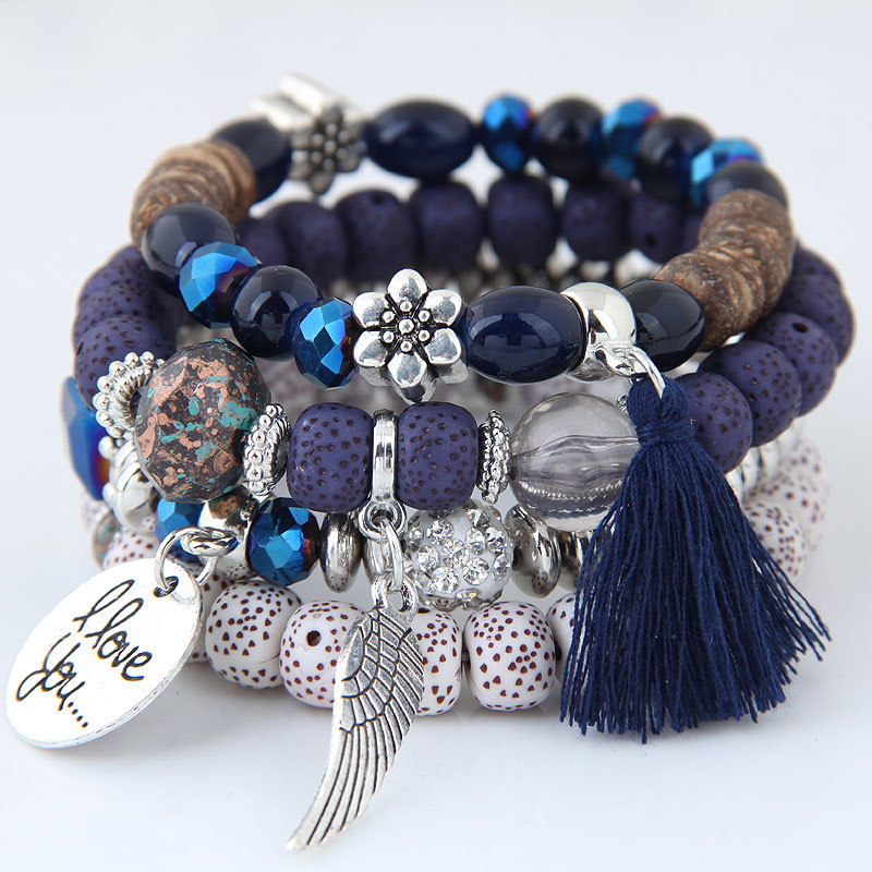 'i Love You' Angel Wing Handmade Beaded Bracelet Set Silver - Image 5