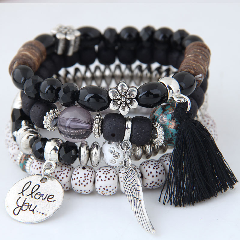 'i Love You' Angel Wing Handmade Beaded Bracelet Set Silver - Image 6