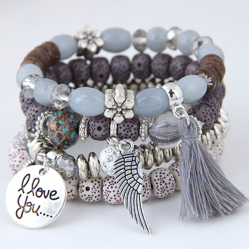 'i Love You' Angel Wing Handmade Beaded Bracelet Set Silver - Image 7