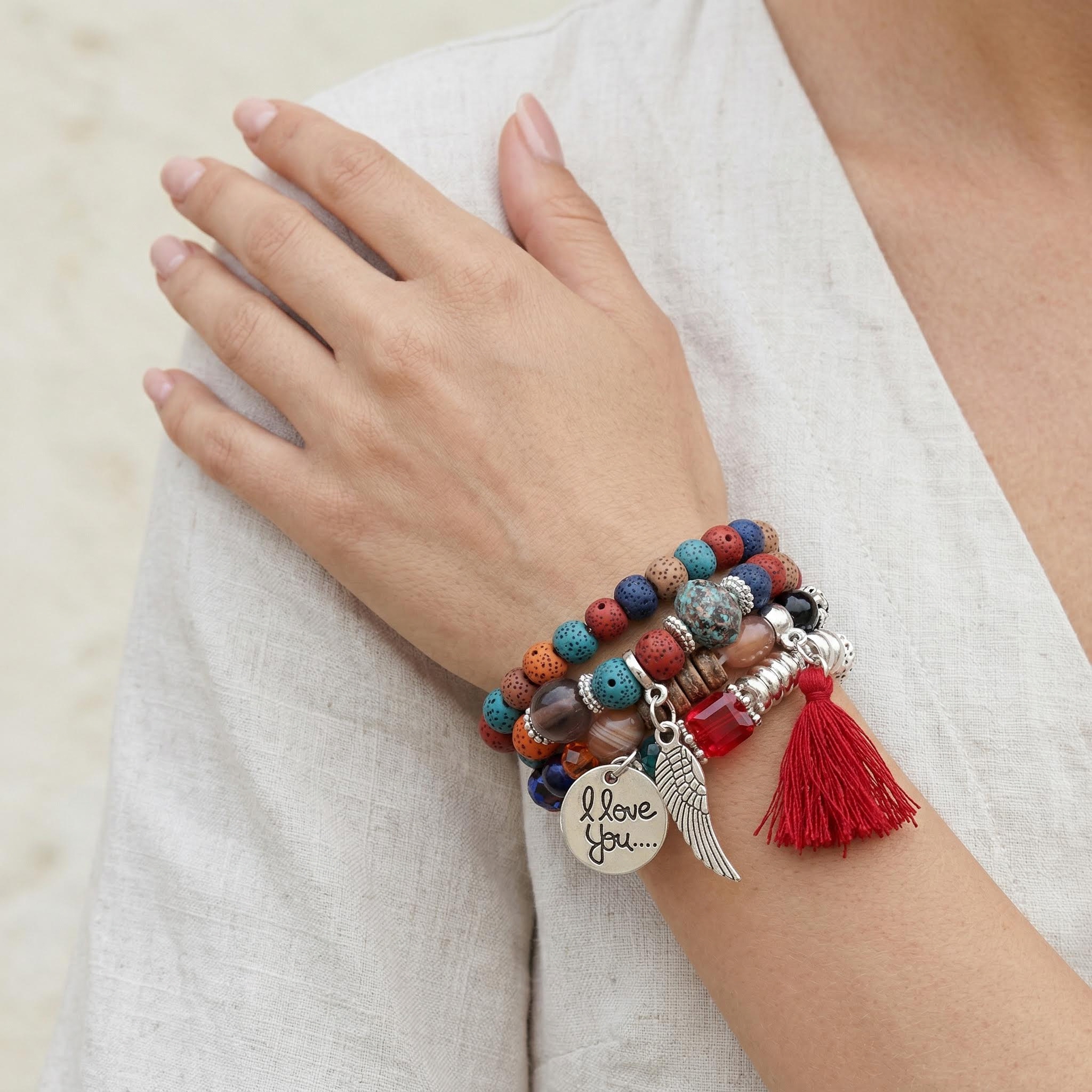 'i Love You' Angel Wing Handmade Beaded Bracelet Set Silver - Image 8