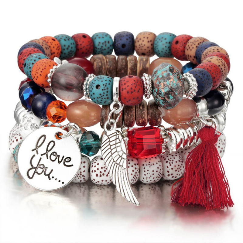 'i Love You' Angel Wing Handmade Beaded Bracelet Set Silver