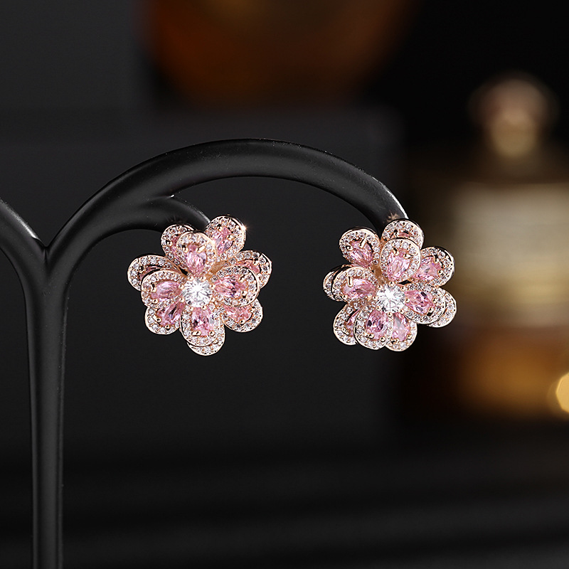 Iced Out Multi-color Camellia Stud Earrings Gold With Street Luxury Shine - Image 3