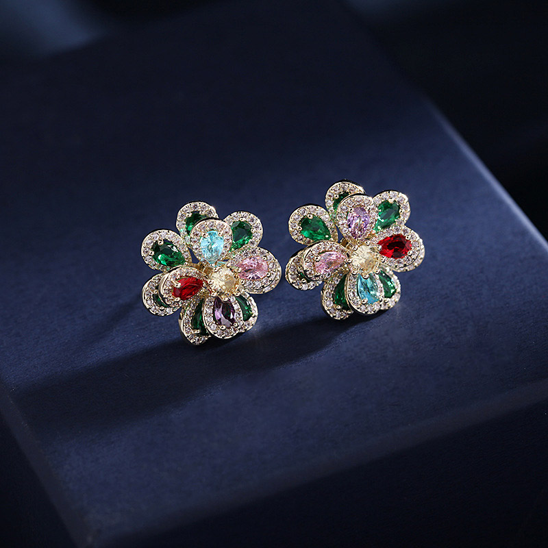 Iced Out Multi-color Camellia Stud Earrings Gold With Street Luxury Shine - Image 4