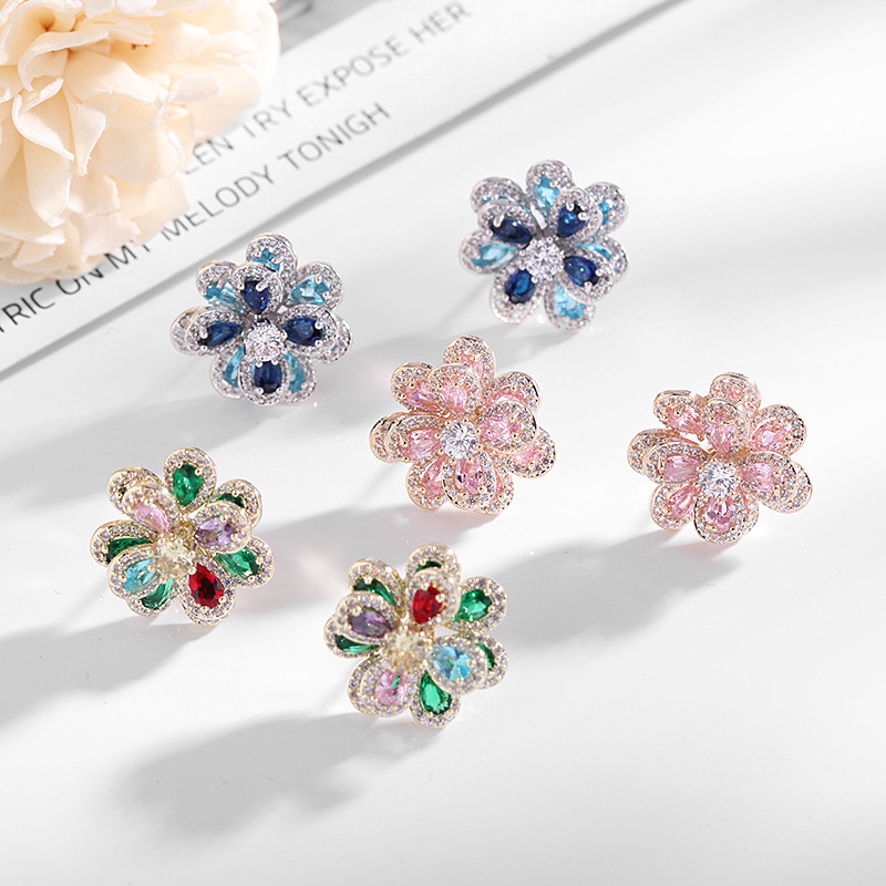 Iced Out Multi-color Camellia Stud Earrings Gold With Street Luxury Shine