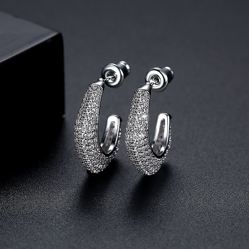 Micro Pave C Shape Stud Earrings In White Gold With Street Luxury Shine - Image 3