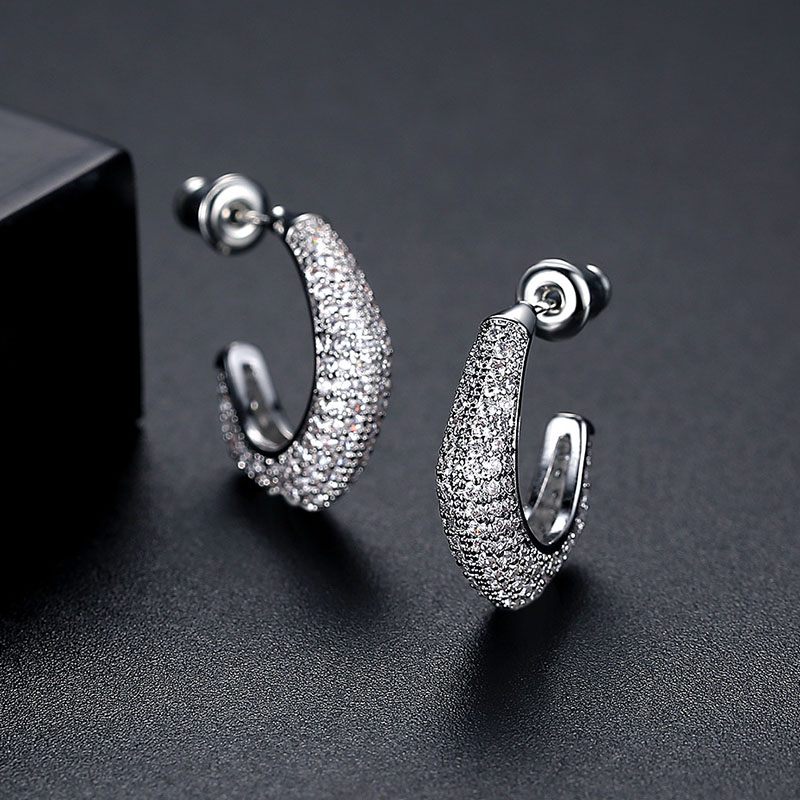 Micro Pave C Shape Stud Earrings In White Gold With Street Luxury Shine - Image 4