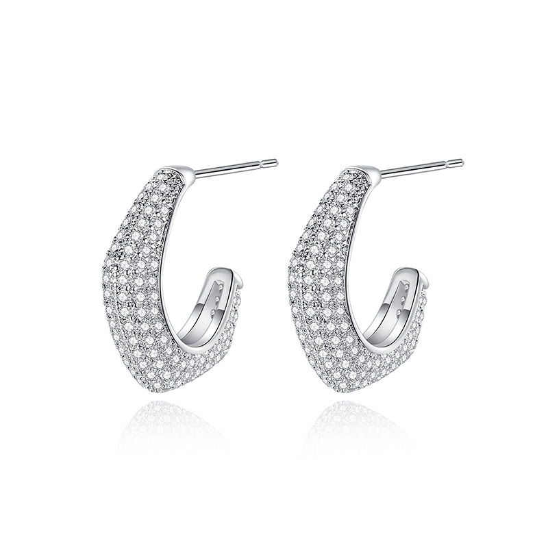 Micro Pave C Shape Stud Earrings In White Gold With Street Luxury Shine