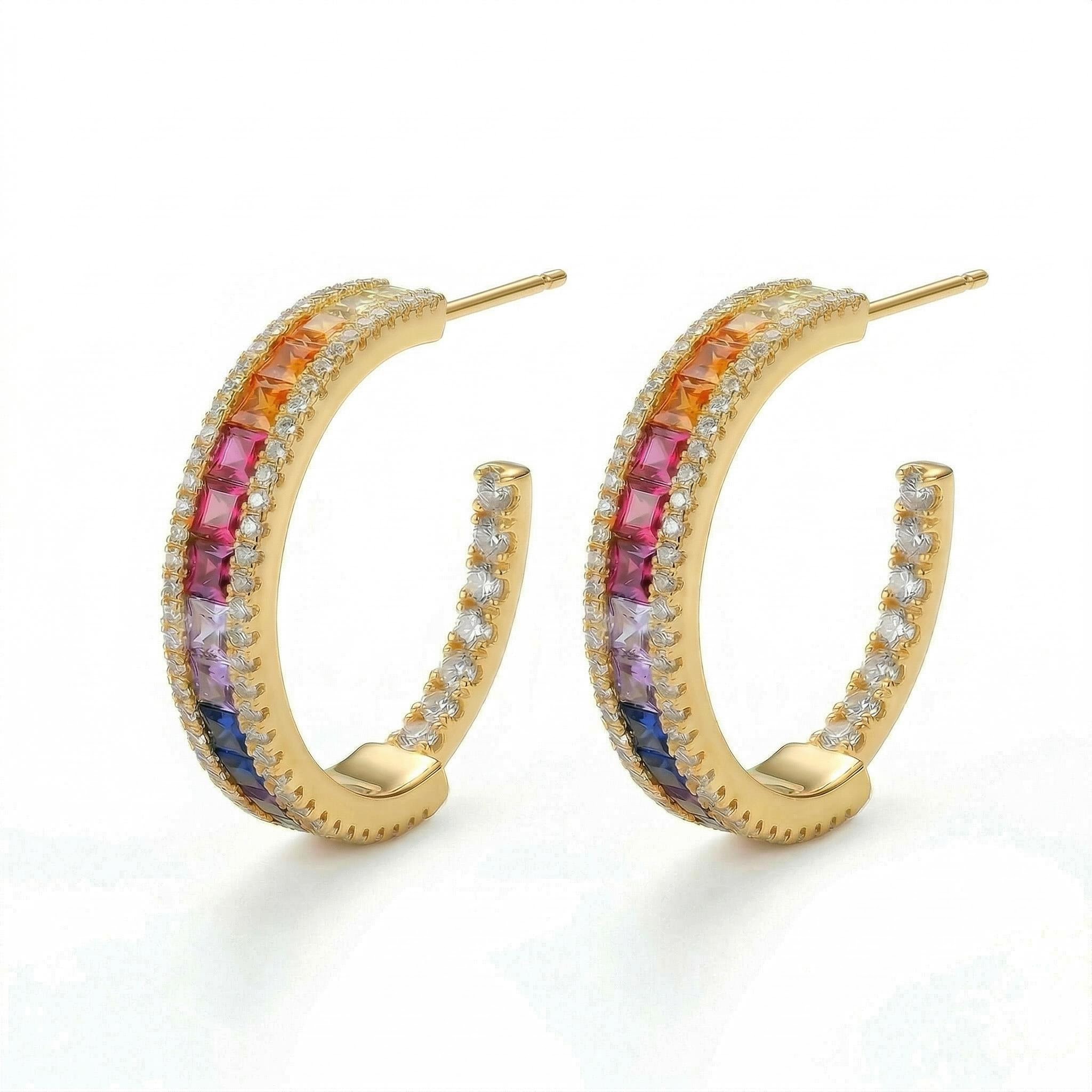 Gradient Rainbow Inlaid C Type Earrings Gold With Street Luxury Shine