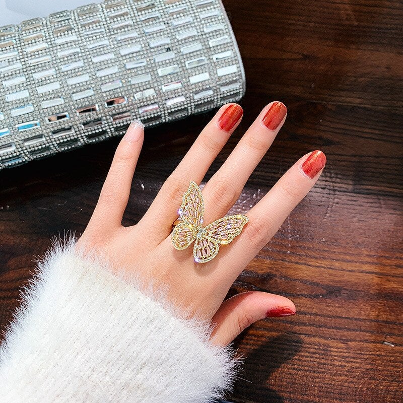 Women's Baguette Stone Butterfly Open Ring Gold With Street Luxury Shine - Image 6
